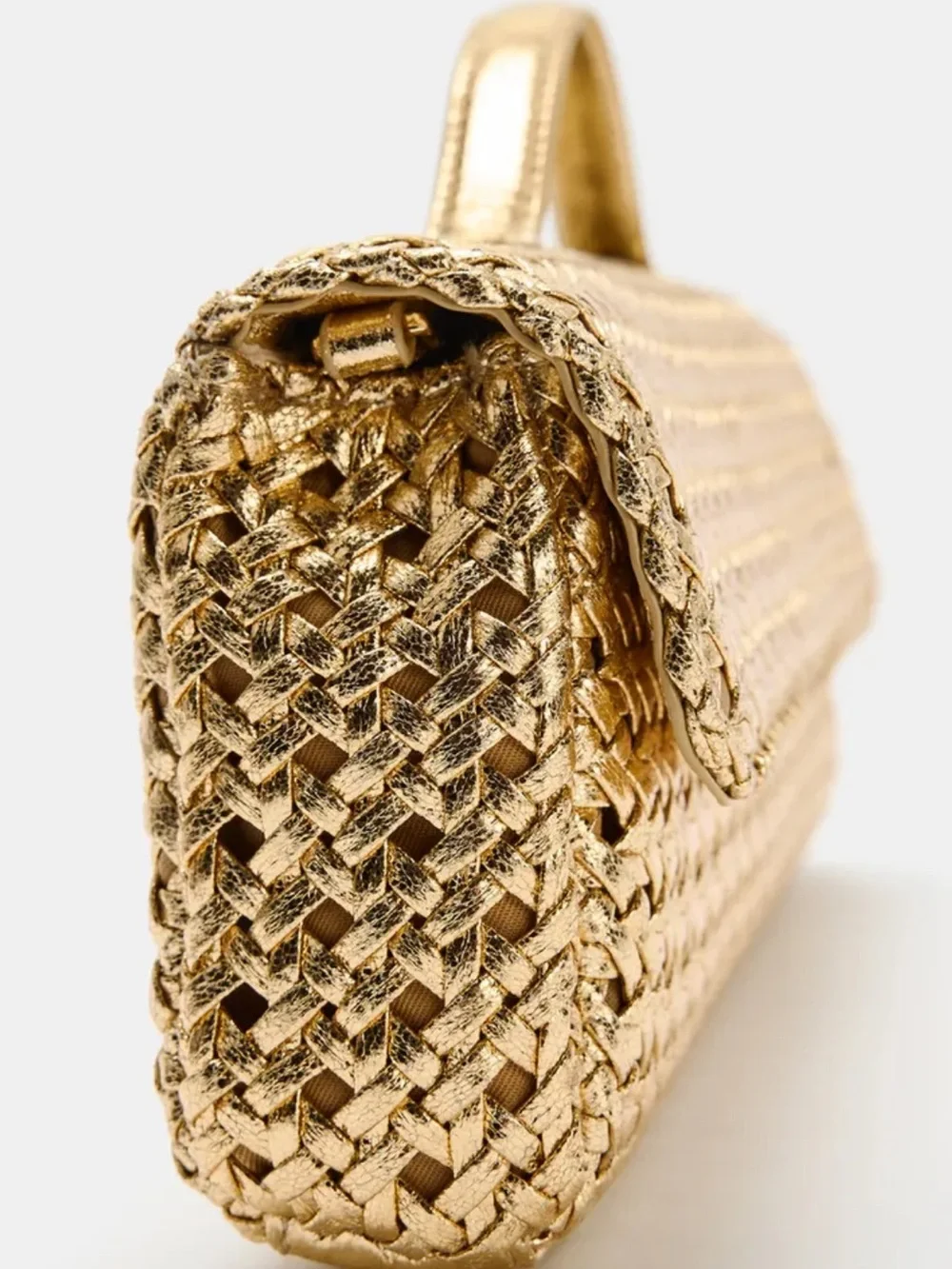 New Zara Gold Woven Envelope Bag with Gold Chain Crossbody Strap and Top Handle